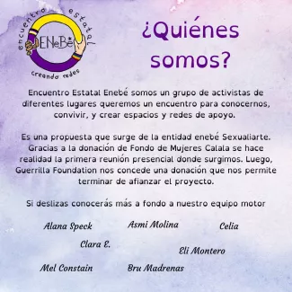 fondo con efeto acuarela en todos degradados de morado, rojizo y azul . En la primera imagen el logo se encuentra arriba a la izquierda.  El logo es un círculo, en el que se muestran dos manos cogiendose o entrelazandse, una mano de color marrón y la otra rosada, una con la bandera no binaria y otra la lgbtiaq+. En el círculo exterior "Encuentro estatal" dentro "enebé" y abajo exterior "creando redes"