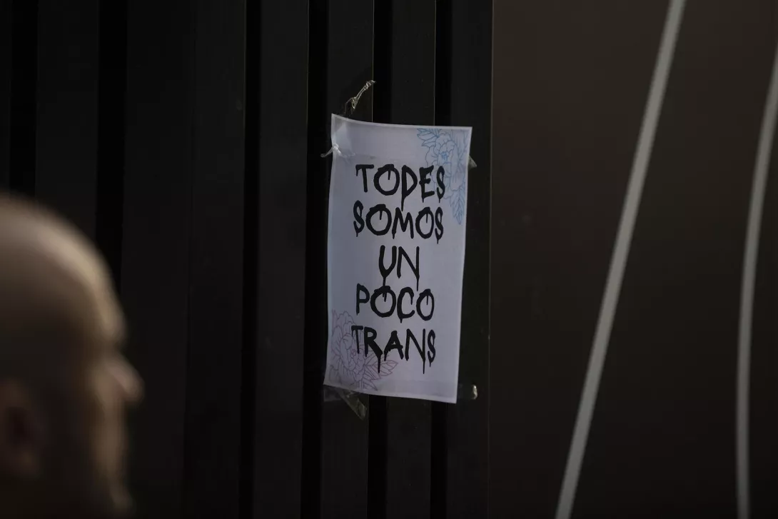 Poster "Todos somos un poco trans" (We're all a little trans) in a street in the centre of Madrid, 28 June 2023.
